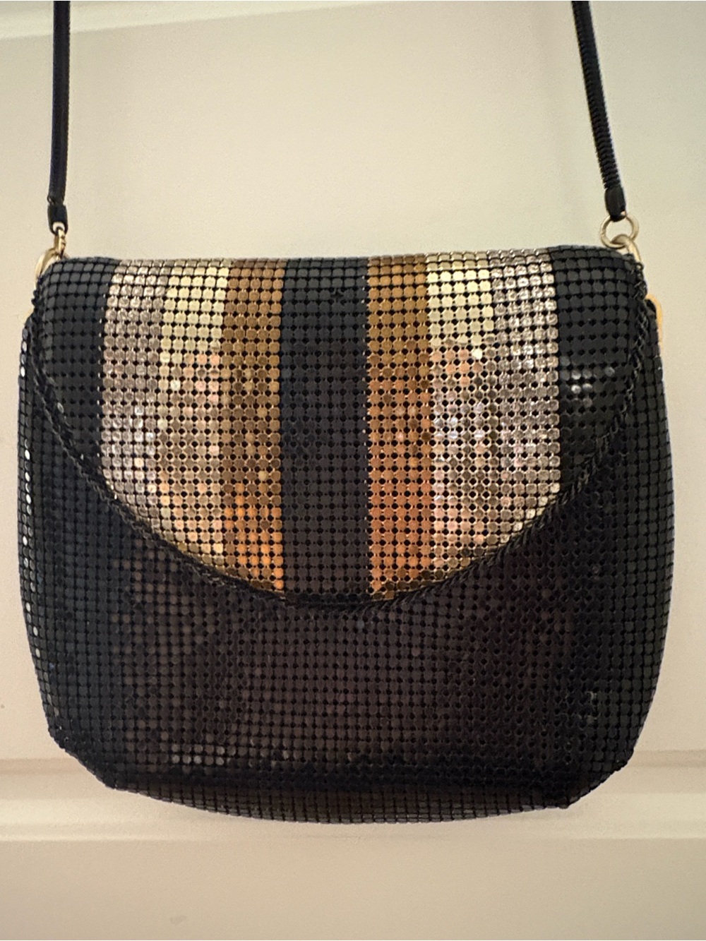 Vintage Tohpo Black Mesh Evening Bag Silver, Gold Accents Long Crossbody Chain